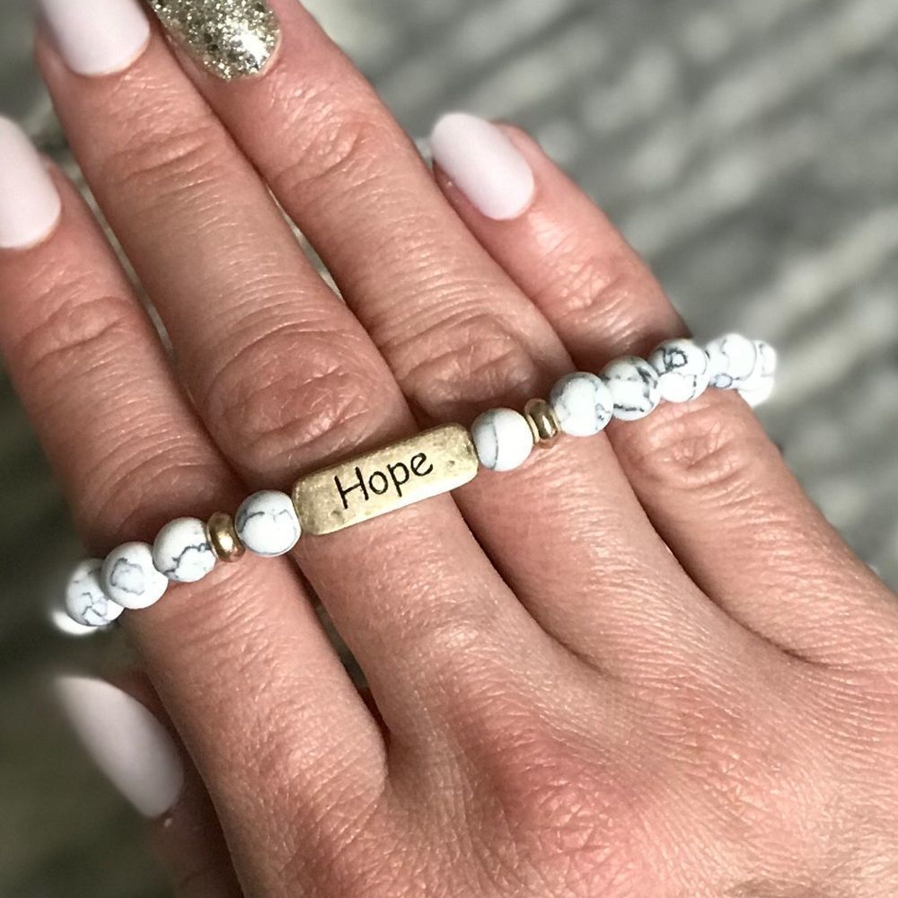 Marble Bracelet White Gray Gold Stretch Jewelry Hope Manifest Boho Layer NWT
